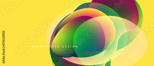 Abstract vibrant circles overlap yellow backdrop. Modern design features smooth gradients, creating dynamic visual effect. Colorful composition.