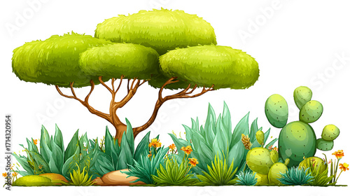 Adorable cartoon African savanna plants for left decoration: mini acacia tree with round fluffy canopy, curved branches, bouncy savanna grass, chubby aloe plants, colorful wildflowers clusters, 
