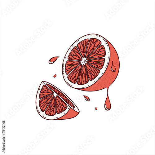 Juicy grapefruit slices with dripping juice and splashes on white background