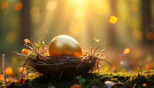 Imagine a golden egg nestled in a delicate bird’s nest made of shimmering twigs and glittering leaves. The egg glows softly with warm metallic light and rests in a peaceful spring forest setting. 