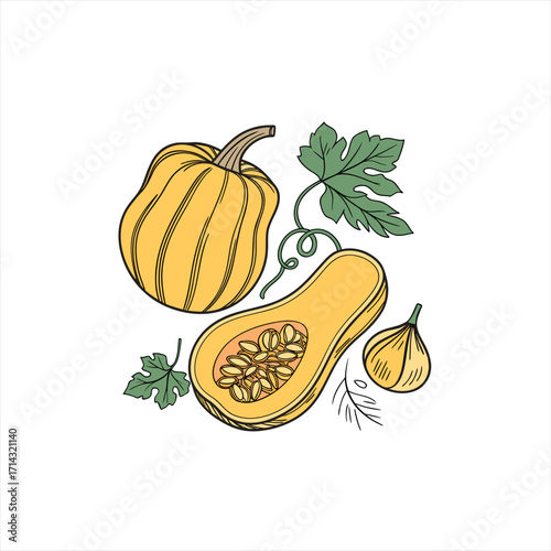 Hand drawn illustration of butternut squash and pumpkin with leaves and herbs