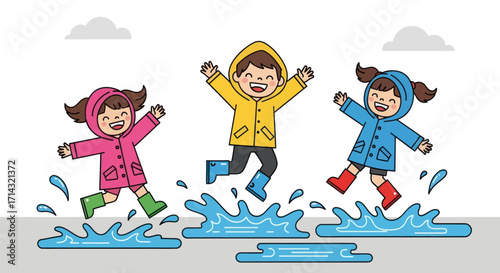 Joyful Children Jumping in Rain Puddles.