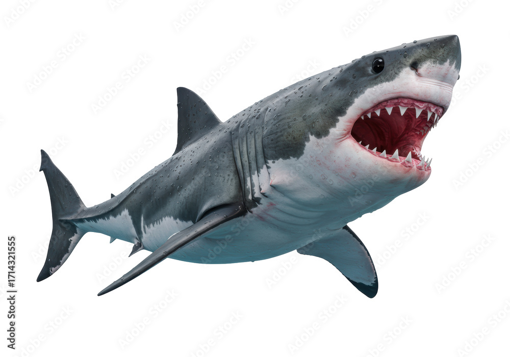Fototapeta premium Isolated great white shark underwater with mouth open, showing teeth for attack or predation
