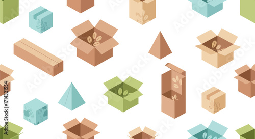Assorted Open and Closed Packaging Boxes in Isometric View.
