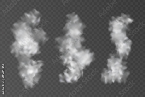 Set of semi-transparent smoke or vapor columns on a transparent background. Ideal for special effects, atmosphere, and digital design.