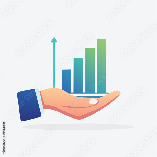 Illustration of a hand presenting an upward trending bar graph representing financial success