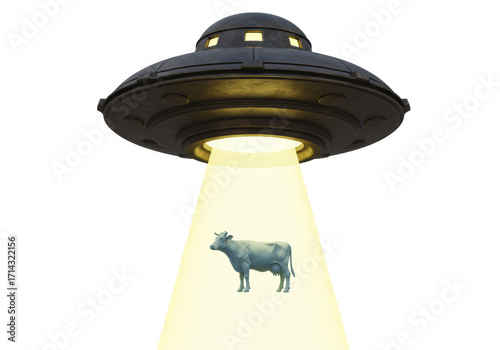 Isolated depiction of a UFO abducting a cow with a glowing beam of light effect