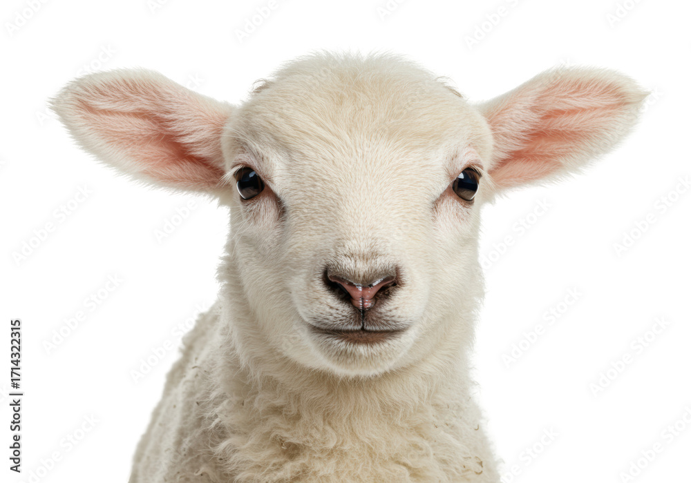 Fototapeta premium Isolated Young Lamb, Close Up Headshot, Cute Baby Farm Animal, Innocence, Woolly Coat