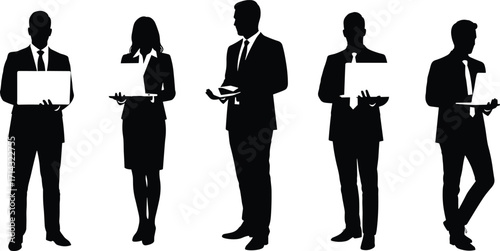 Business silhouettes, corporate teamwork, office professionals, technology devices, digital communication, workplace diversity, formal attire, modern collaboration, productivity