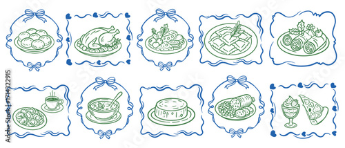 Collection of Italian traditional winter food menu illustrations with pasta, pizza, ravioli, meat, cheese, desserts, drinks, and festive dishes in hand-drawn outline style