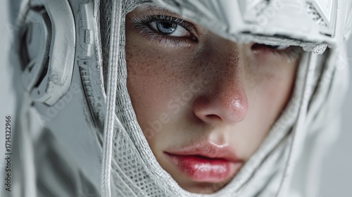 Futuristic Female Portrait with Cybernetic Headgear in a Minimalist Style