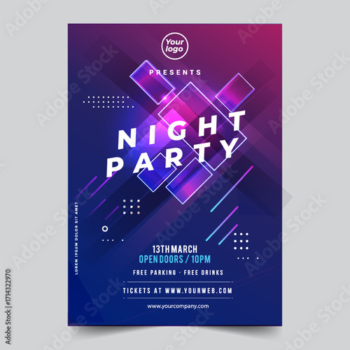 Night dance party music night poster template. Electro style concert disco club party event flyer invitation