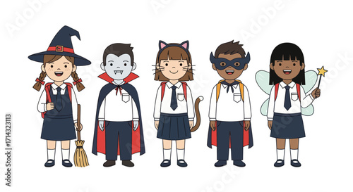 Diverse School Children Wearing Halloween Costumes and Uniforms.