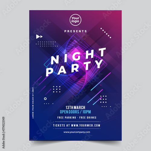 Night dance party music night poster template. Electro style concert disco club party event flyer invitation