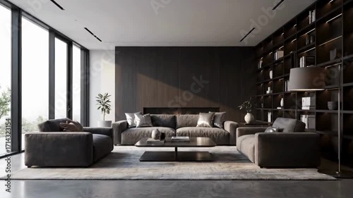 A wide, static shot visualizing the pinnacle of contemporary luxury living within a modern house interior. The focus is on a meticulously designed minimalist living room, a space that breathes sophist