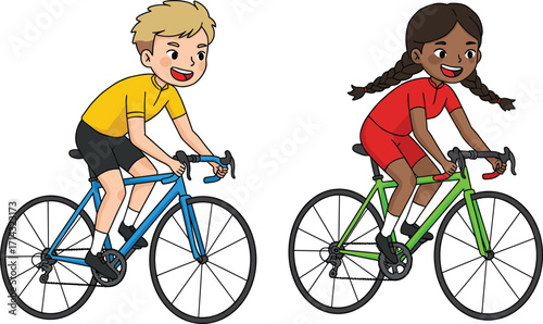 Cartoon cyclists riding bicycles, outdoor cycling activity, healthy lifestyle illustration, boy and girl biking, sports exercise, road cycling, fitness, recreation, competition
