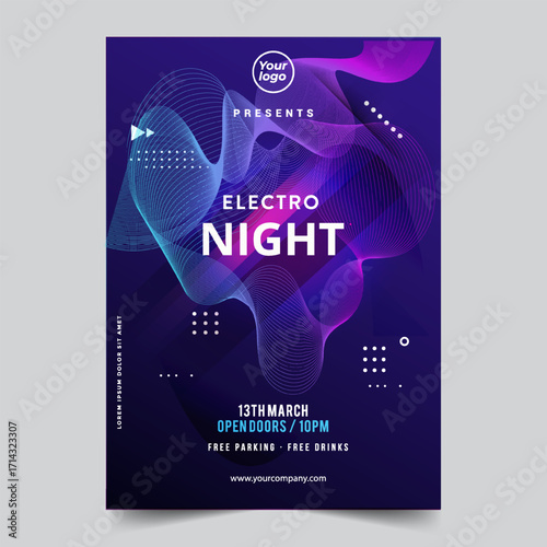 Night dance party music night poster template. Electro style concert disco club party event flyer invitation