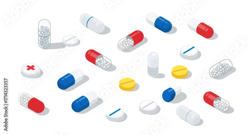 Assorted Colorful Pills and Capsules Scattered on Surface.
