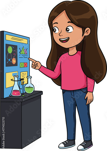 Cartoon girl in science class, chemistry experiment, educational display, atomic diagram, colorful flasks, STEM learning, classroom setup, student 