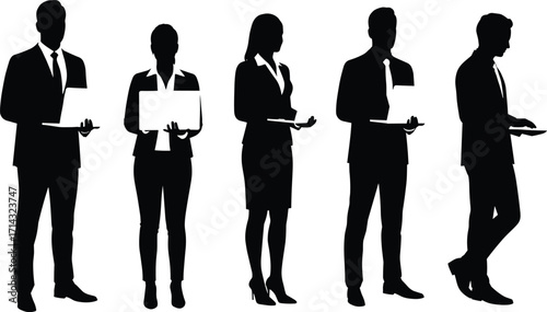 Business silhouettes, office professionals, corporate teamwork, technology devices, workplace diversity, formal attire, digital communication, modern collaboration, productivity
