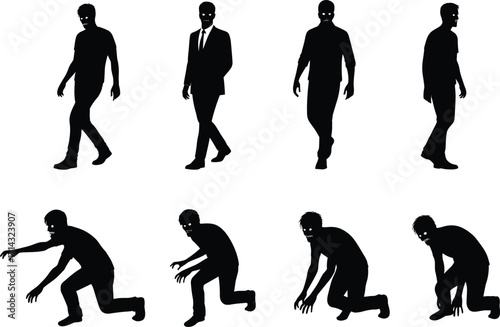 Silhouette vector illustration of scary zombie characters in different walking and crawling poses for horror, Halloween, undead monster design elements