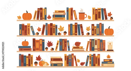 Autumn Bookshelves with Fall Decorations and Stacked Books.
