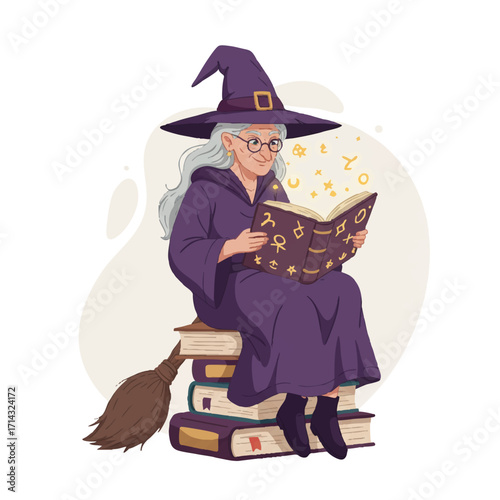 Wise witch reading a glowing magical tome on ancient spellbooks, a vibrant flat 2D vector illustration with clean outlines and bright colors.