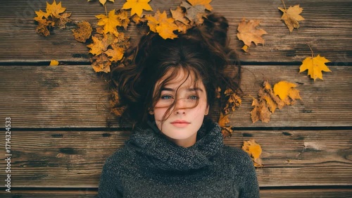 Relaxed woman lying on autumn leaves
