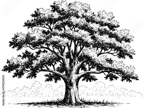 
Botanical vector sketch hand drawn line art in landscape, large oak tree vintage engraving style