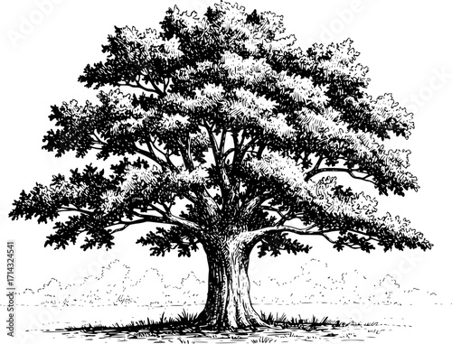 
Botanical vector sketch hand drawn line art in landscape, large oak tree vintage engraving style