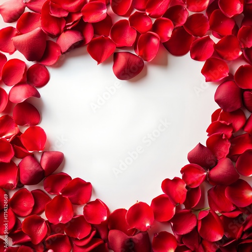 Heart shape made of red rose petals on white background