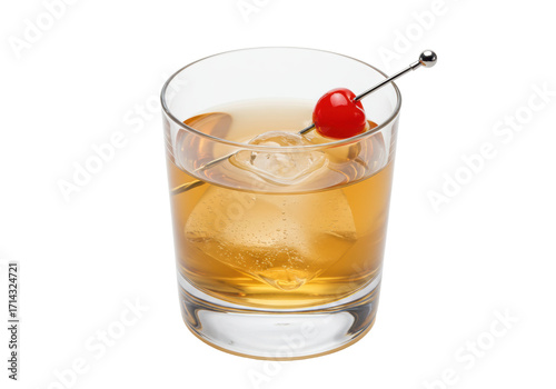 Konstfotografi Isolated Old Fashioned cocktail garnished with maraschino cherry and served on t