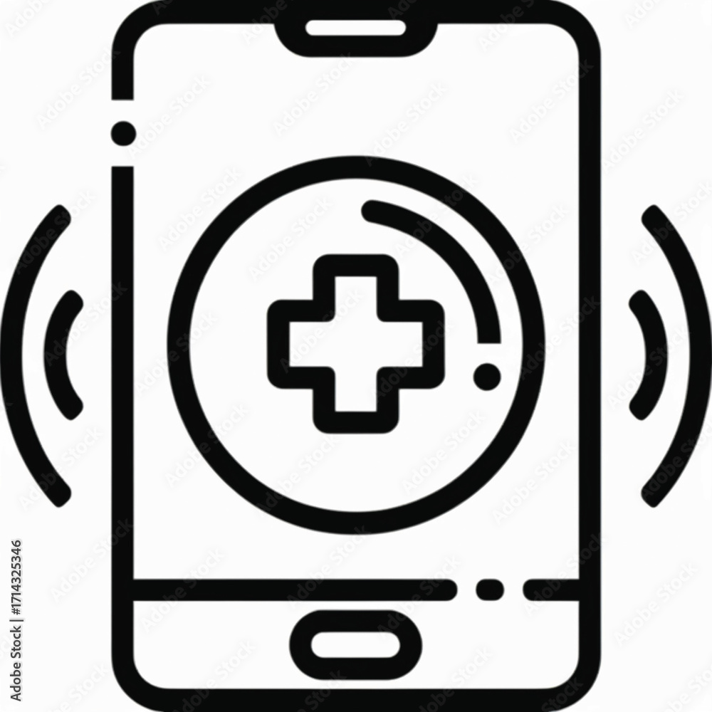 Obraz premium Mobile phone displaying a medical cross symbol with radiating waves, indicating a health alert or telemedicine service.