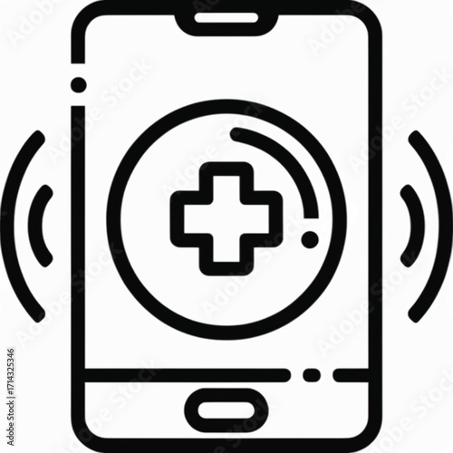Mobile phone displaying a medical cross symbol with radiating waves, indicating a health alert or telemedicine service.