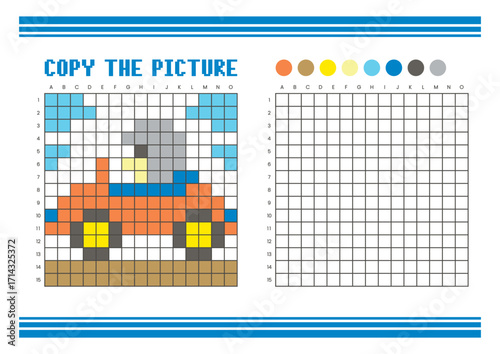 Copy the picture grid drawing worksheet for kids. Pixel art race car with driver