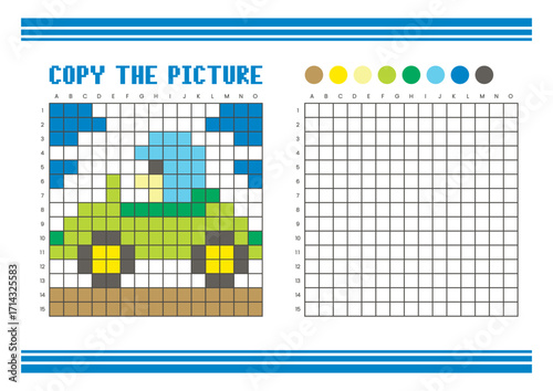 Copy the picture grid drawing worksheet for kids. Pixel art race car with driver