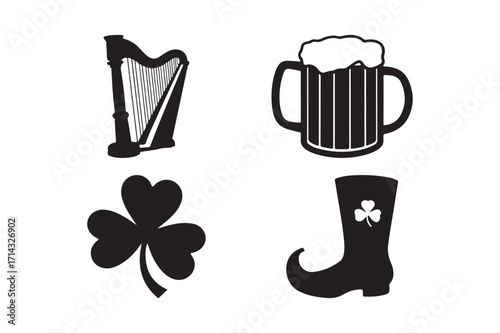 St patricks day symbols harp beer mug shamrock and boot illustration