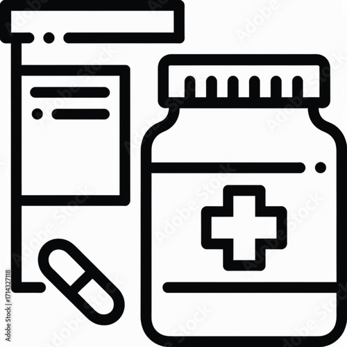Outline icon of two medicine bottles and a single capsule, representing pharmaceuticals and healthcare.