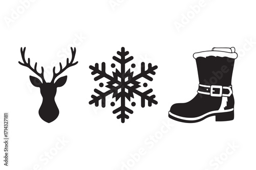 Christmas icons deer snowflake boot silhouette