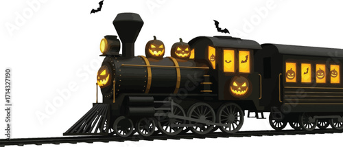 A spooky halloween train with glowing jackolanterns and bats, , perfect for adding a festive touch to your designs