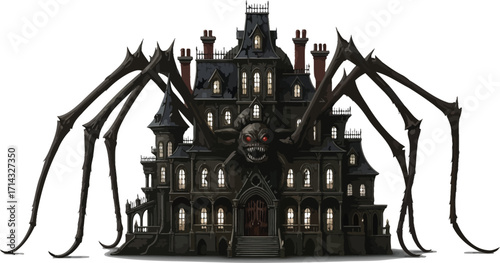 A spooky haunted house with spider legs, creating a whimsical and eerie halloween scene, perfect for adding a touch of frightful fun
