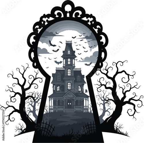 A spooky haunted house framed by a keyhole, offering a glimpse into a mysterious and eerie halloween night scene with bats and gnarled trees