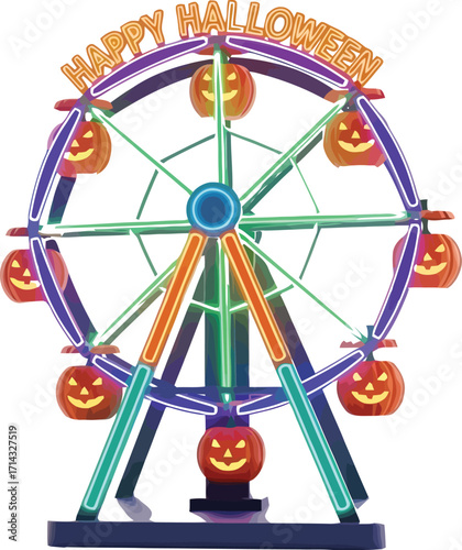Happy halloween ferris wheel with pumpkins, perfect for a halloween themed design or decoration, with a festive atmosphere