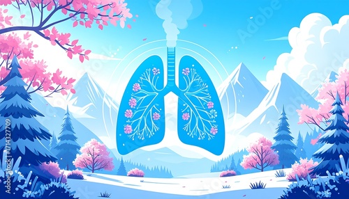 An illustration of lungs filled with flowers, representing health and nature in a serene, mountainous environment with cherry blossoms