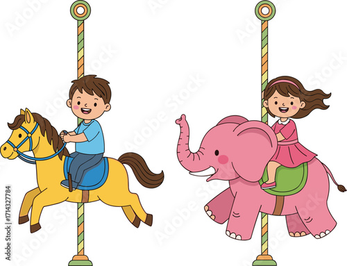 Children enjoying carousel ride, boy on yellow horse, girl on pink elephant, colorful amusement park, fun fairground attraction, playful childhood moment