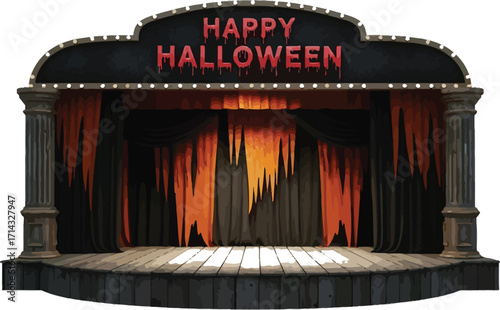 A spooky halloween stage, featuring a dark curtain and a sign that reads happy halloween, creating a theatrical and festive atmosphere