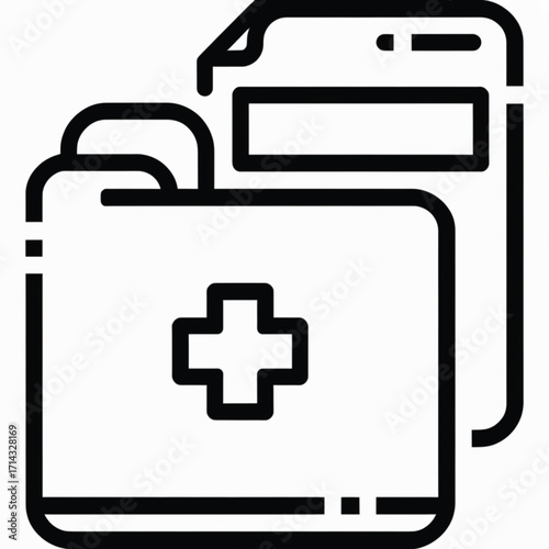 A line art icon of a medical folder with a health cross, representing patient records and healthcare information.