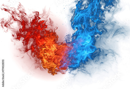 Dynamic collision of red fire and blue ice, creating an abstract energetic vortex, isolated on transparent background