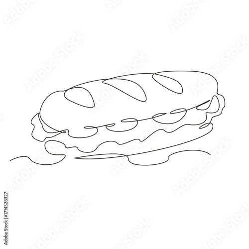 One continuous single drawing line art flat doodle sandwich, tomato, food, lettuce, bread, snack, baguette. Isolated image hand draw contour on a white background, hand drawn, not AI
