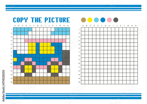 Copy the picture grid drawing worksheet for kids. Pixel art classic car